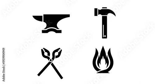 Blacksmith tools set with anvil, hammer, tongs, and fire flame icons.