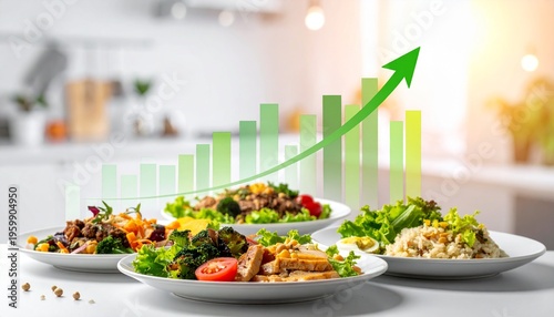 Food business profit growth concept with upward financial bars above healthy dishes, representing increased margins and industry success
