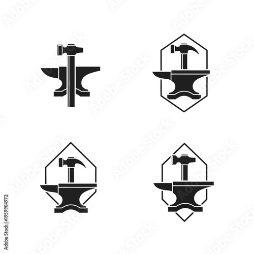 Set of four blacksmith anvil and hammer logos for metalworking and craftsmanship.
