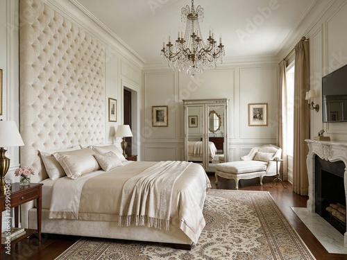 Luxurious Master Bedroom Interior with a Grand Tufted Headboard, Elegant Crystal Chandelier, and a Marble Fireplace in a Classic French Style Home