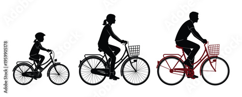 Family Cycling Fun: Silhouettes of Child, Mother, and Father Enjoying Outdoor Bicycle Ride Together