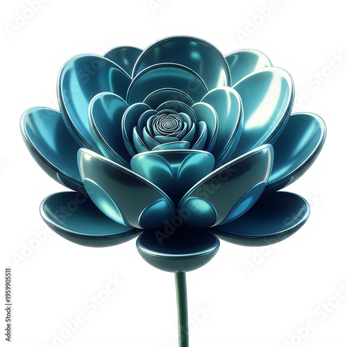 Teal metallic flower sculpture isolated on transparent background