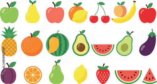 Set of colorful fruit icons collection including apple banana orange watermelon avocado cherry mango strawberry vector flat illustration isolated design elements pack