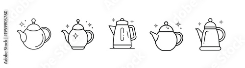 Teapot and kettle outline icon set featuring classic teapot, modern water kettle, kitchen tea maker, hot drink pot, and more vector illustration on editable stroke