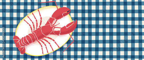 Amalfi lobster pattern. Italian seafood illustration with Mediterranean crab icon on retro plate. Horizontal banner with summer picnic tablecloth aesthetic and trendy coastal design.