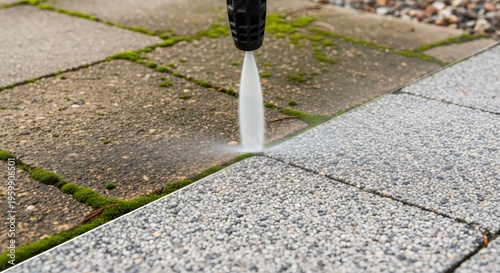 Pressure washer cleaning dirty paving slab covered with green moss. High pressure water jet removing dirt from stone patio. Outdoor home maintenance and renovation service technique.