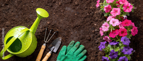 Vibrant petunia flowers await planting next to essential gardening tools like a bright green watering can and hand trowel on rich soil.