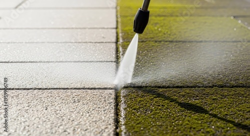 Pressure washer cleaning dirty mossy pavement stone. High pressure water jet removing dirt from concrete tile path. Outdoor home maintenance and exterior surface deep cleaning concept.