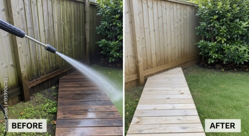 Power washer cleaning wooden garden path. Comparison of dirty deck before and after water pressure washing. Home improvement, backyard renovation and professional exterior maintenance service.