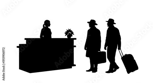 Hotel reception with guests checking in a striking black silhouette