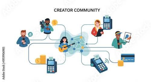 Creator Economy Network Illustration. Digital Content Monetization, Freelancer Community, and Online Transaction Flow.