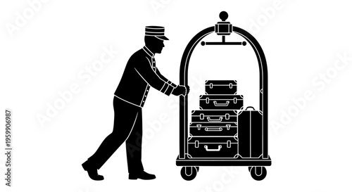 Hotel bellhop pushing luggage cart a striking black silhouette