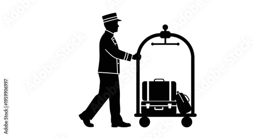 Hotel bellhop with luggage cart depicted in a striking silhouette