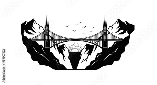 Golden gate bridge landscape with mountains and rising sun silhouette