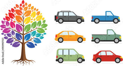 Colorful rainbow leaf tree icon with set of different vehicle types including suv sedan and pickup truck vector illustration for eco friendly transportation concepts.