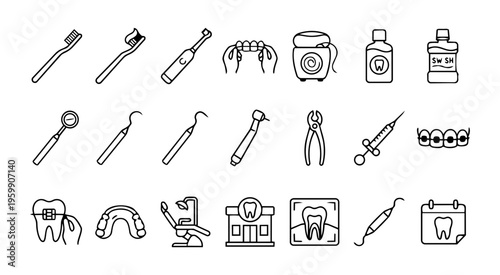 Dental Tools and Oral Hygiene Line Icons Set – Toothbrush, Floss, Braces, Equipment and Clinic Outline Collection