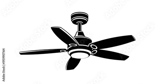 A black ceiling fan with five blades depicted in stark silhouette