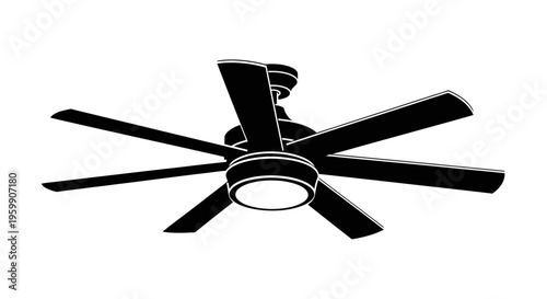 A black ceiling fan with five blades presented as a silhouette