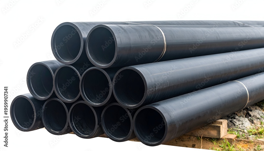 Fototapeta premium Close-up of black plastic tubes stacked on a wooden pallet, showcasing a glimpse inside the hollow cylinders. The pipes are ready for installation