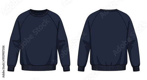 Navy blue sweatshirt mockup displayed front and back flat silhouette