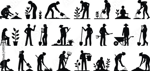 Black gardening silhouette set featuring farmers and gardeners planting watering and digging isolated on white background for agriculture vector illustration.