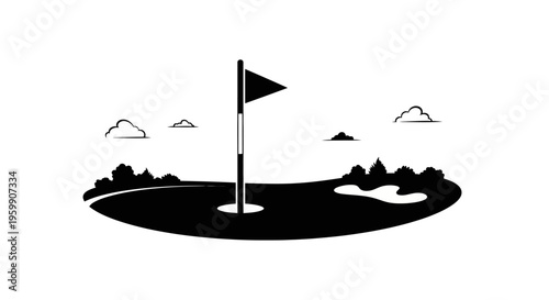 Golf course hole with flag and landscape in striking silhouette