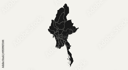 Myanmar Map Silhouette - Black Outline of Southeast Asian Country on White Background
