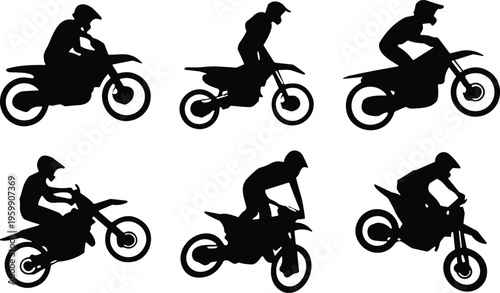 Black motocross silhouette set featuring dirt bike riders performing jumps, stunts, and racing maneuvers isolated on a clean white background vector.