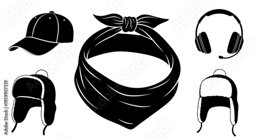 Various headwear items arranged in a minimalist black silhouette