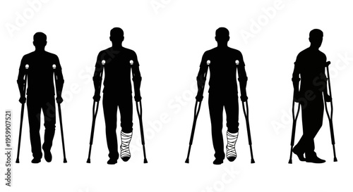 Four figures using crutches displaying various injury states silhouette