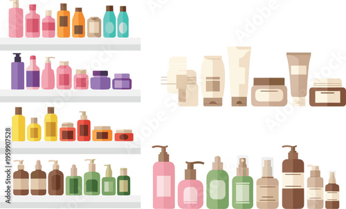 Large collection of cosmetic skincare product containers and beauty packaging bottles on retail shelves featuring cream jars lotion tubes and pump dispensers for web design.