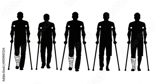 Five men with leg injuries using crutches a striking silhouette