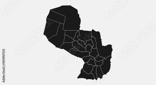 Paraguay Map Silhouette - Black Outline Divided by Regions on White Background