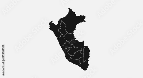 Peru Map Silhouette with Regional Divisions - Black and White Vector Illustration