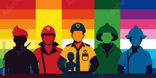 The silhouettes of first responders including a firefighter, medic, police officer against a vibrant colorful rainbow wallpaper background