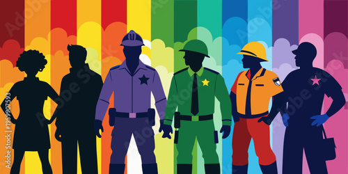 The silhouettes of first responders including a firefighter, medic, police officer against a vibrant colorful rainbow wallpaper background