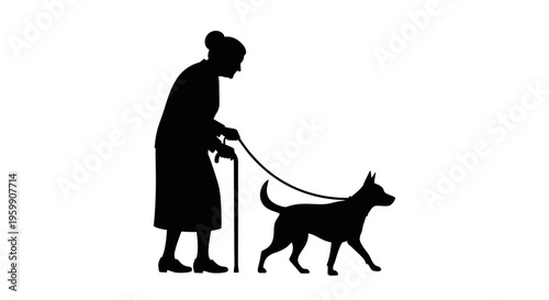 Elderly woman walking a dog with a leash black silhouette