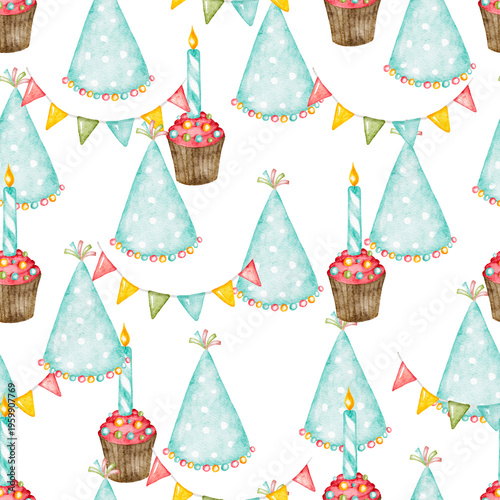 Watercolor birthday pattern with hats, cupcakes, and buntings.