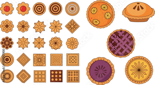 Large collection of bakery vector illustrations featuring assorted sweet cookies biscuits shortbread and delicious fruit pies with lattice crust for cafe menus and food design.