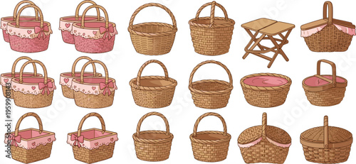Large collection of romantic picnic baskets with pink lace liners and heart bows including a wooden folding table for wedding gifts and spring outings vector