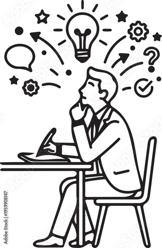 Man thinking with ideas and lightbulb above his head line art vector