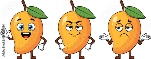 Set of cute mango cartoon characters with different facial expressions happy confident sad emotions colorful fruit mascot vector illustration isolated design collection