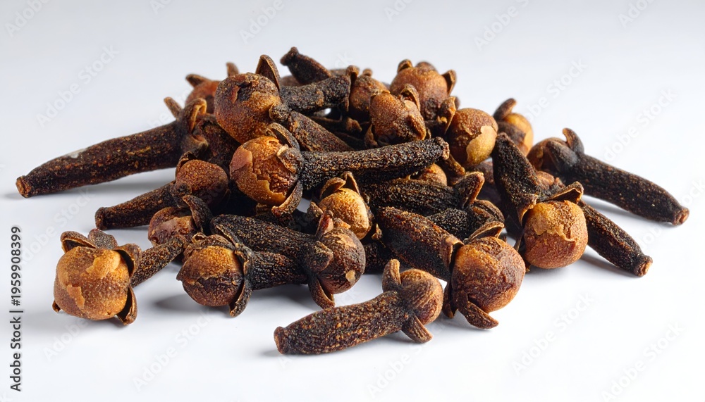 Fototapeta premium Close-up studio shot of a pile of dried aromatic spice buds and stems on a plain white backdrop