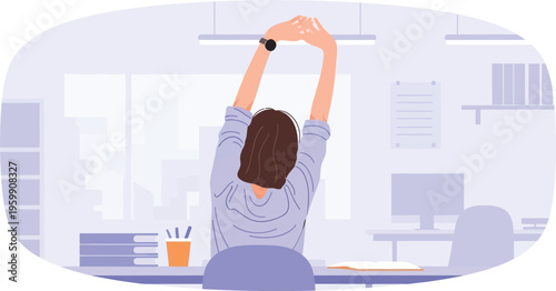 Woman Stretching Arms at Office Desk Flat Vector Illustration – Female Worker Taking Break and Relaxing at Workplace