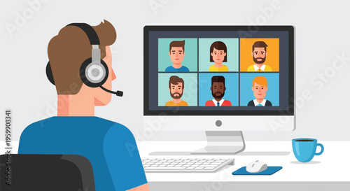 Man on Group Video Conference Call Flat Vector Illustration – Remote Team Online Meeting on Desktop Computer with Headset