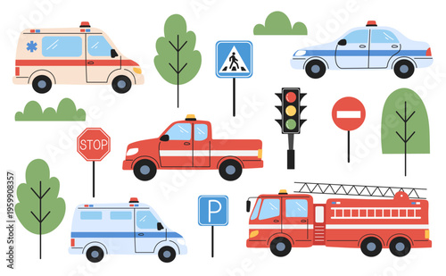 Emergency services car set for kids. Flat cartoon police car, ambulance, fire truck, road signs and trees isolated on white background. Handdrawn doodle collection of urban rescue vehicles