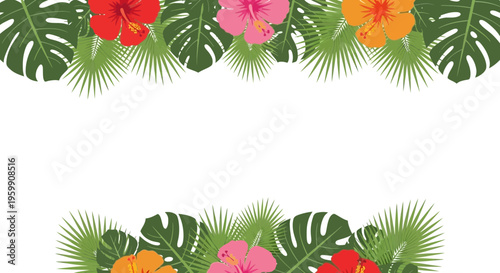 Tropical leaf borders, monstera palm fronds, colorful floral elements, summer decoration, vector illustrations