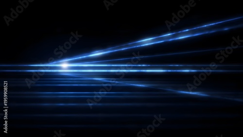 Horizontal rays of blue light on a transparent background. Laser beam. Blue flash line.