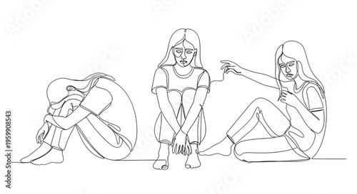 Depressed Woman Sitting Alone Line Art Vector – Continuous One Line Drawing Mental Health Concept