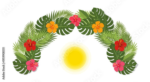 Tropical floral wreath, colorful leaves, exotic flowers, sunny decoration